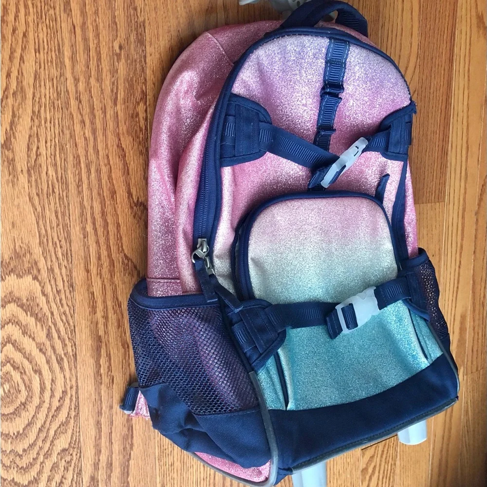Pottery Barn Kids Glitter Pink Teal Rolling Backpack Homework Supplies Pouch Set